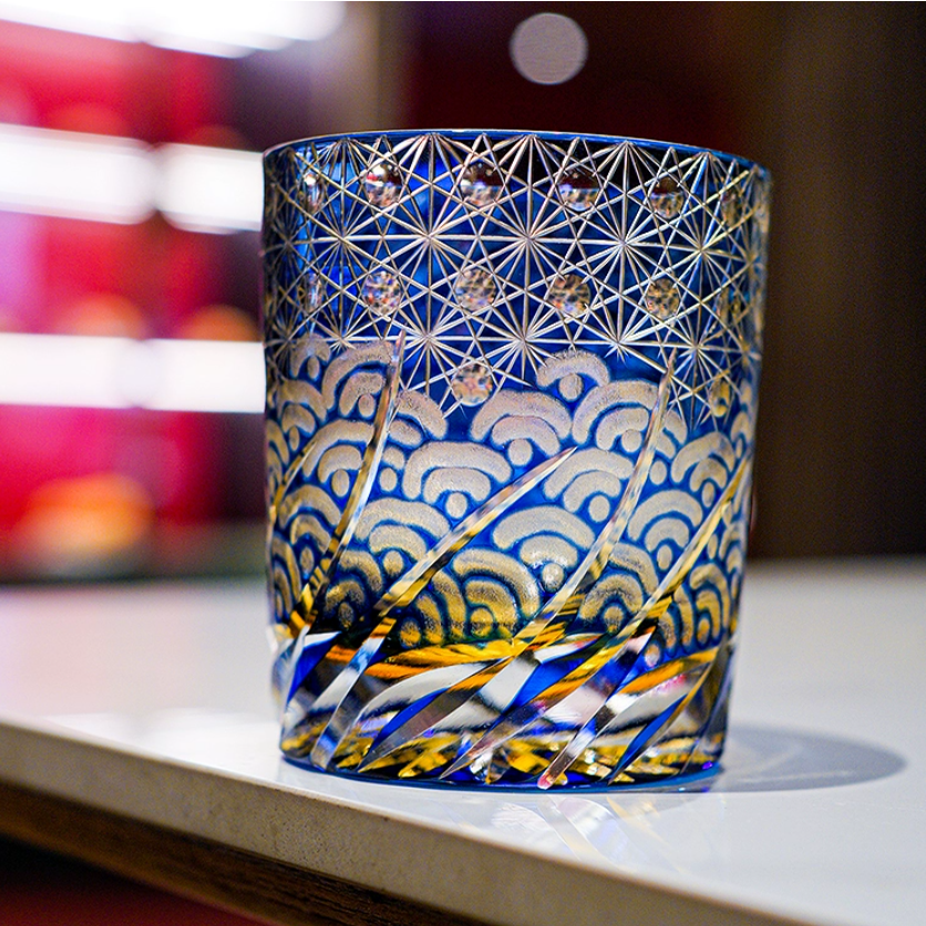 Hand-Cut Crystal Tumbler for Bourbon & Spirits, Blue-Amber Glass with Authentic Japanese Patterns, Gift-Ready Keepsake Box for Collectors