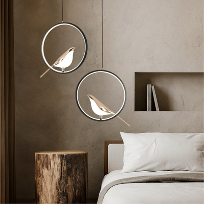 Metal Hanging Light Fixture with Bird Sculpture 11 in Diameter Adjustable Cord 3000K LED for Bedside Dining Nook Living Space Contemporary H