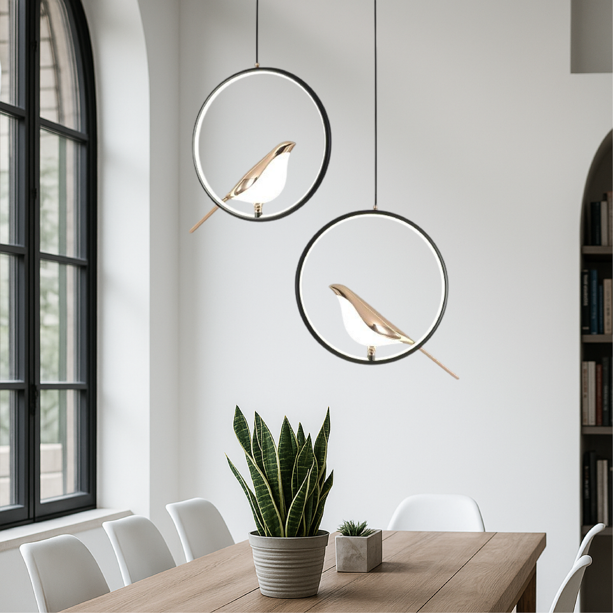 Metal Hanging Light Fixture with Bird Sculpture 11 in Diameter Adjustable Cord 3000K LED for Bedside Dining Nook Living Space Contemporary H