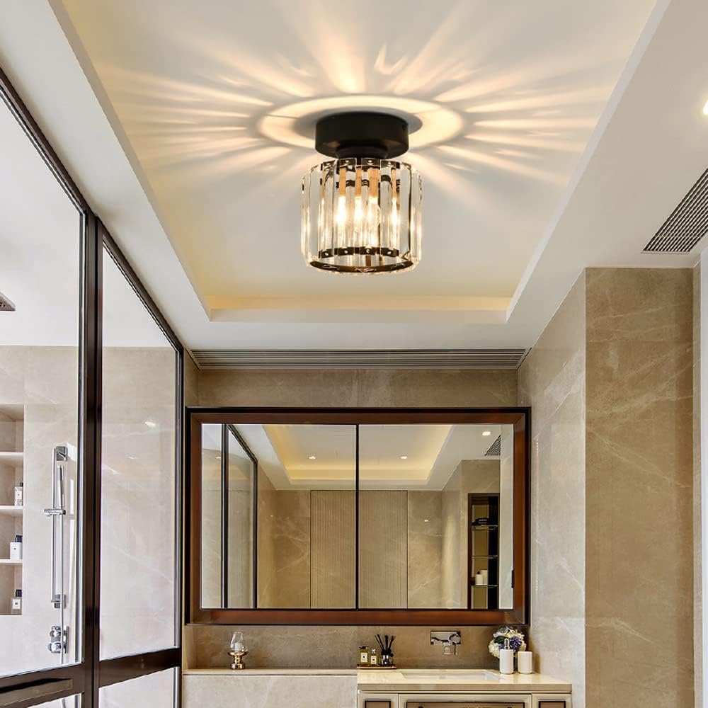 Cube Crystal Flush Mount Ceiling Light with Brass Frame 10 Inch for Bedroom Hallway Entryway Living Room Office Modern Home Lighting Fixture