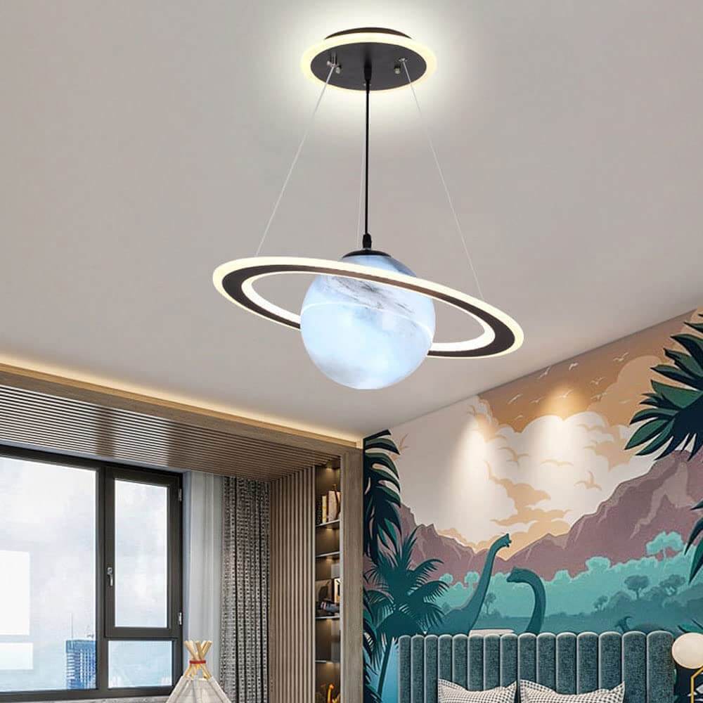 Space Planet LED Pendant Light for Kids Room – Glowing Saturn & Earth Ceiling Lamp with Astronaut Option