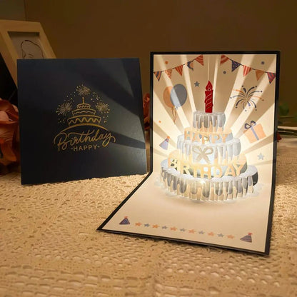 Musical Pop-Up Birthday Card with LED Candle Light | 3D Laser-Cut Cake Design Greeting Card | Sound & Light Keepsake Gift Card for Him or