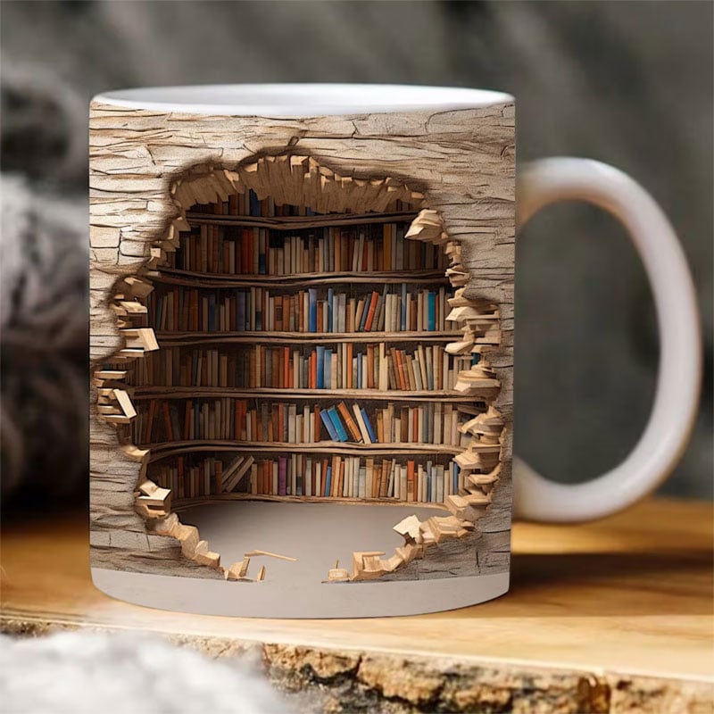 3D Bookshelf Ceramic Coffee Mug 12 oz Hand-Painted Book Lover Gift for Kitchen Office Library