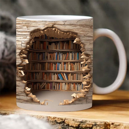3D Bookshelf Ceramic Coffee Mug 12 oz Hand-Painted Book Lover Gift for Kitchen Office Library