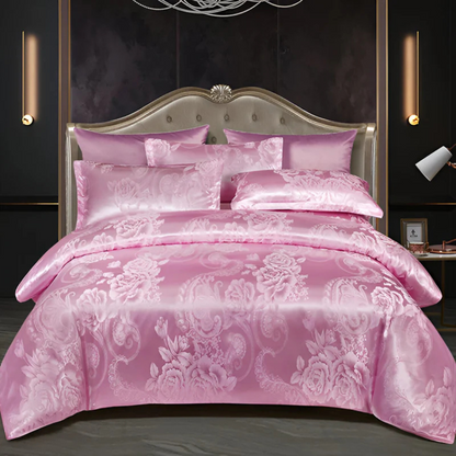 Floral Jacquard Duvet Cover Set Silky Satin Bedding 3-Piece with Pillowcases All Season Breathable Comforter Cover for Bedroom Décor