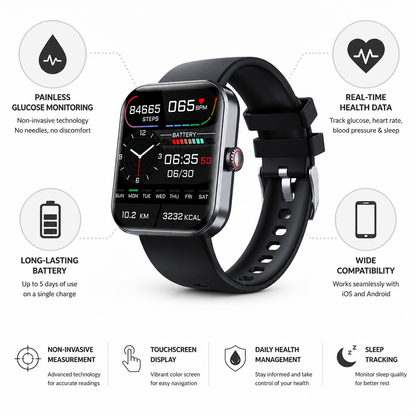 Reloj monitor de glucosa no invasivo e indoloro (batería de 5 días)