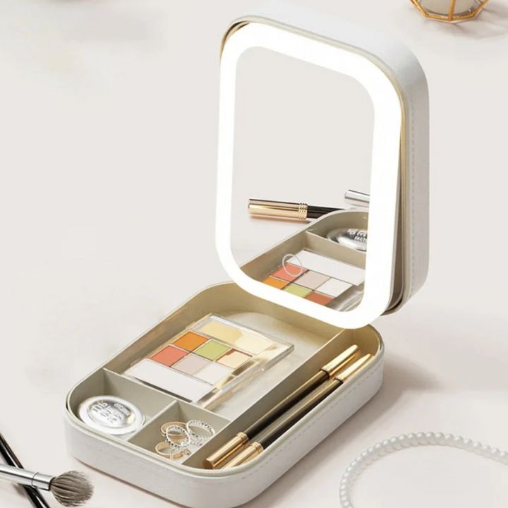 Lighted Makeup Travel Case with LED Mirror & Organizer Compartments for Beauty Products, Cosmetics Storage, On-the-Go Touch-Up Kit