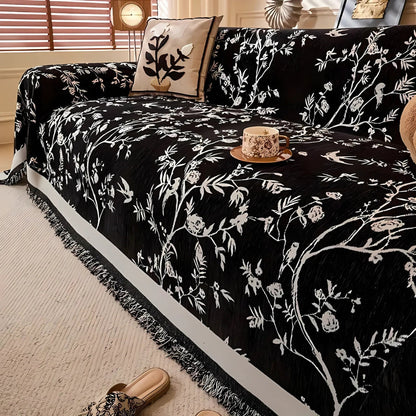 FloraLuxe Cover - Couch Cover - Floral Style - Chenille Tassel Elegance