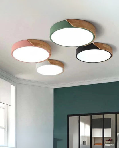 Round Flush Mount Ceiling Light with Wood Accent and Integrated LED – Modern Low Profile Fixture in 9, 12, 16, 20, and 24 inch Sizes for Liv