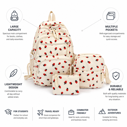 Strawberry-Print Large-Capacity Backpack