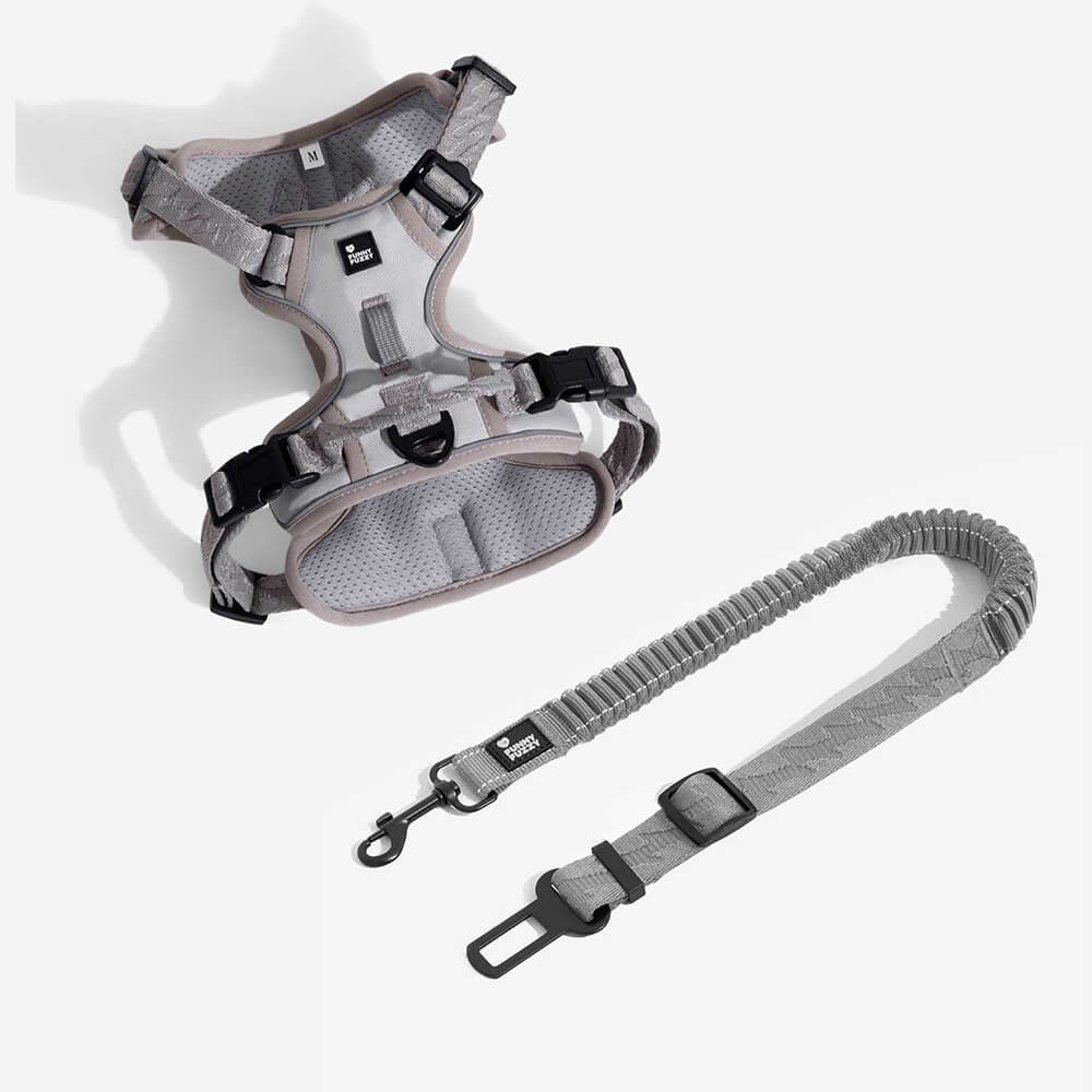 Adjustable Pet Safety Harness Tether for Car Travel with Reflective Strap & Elastic Shock Absorber for Dogs