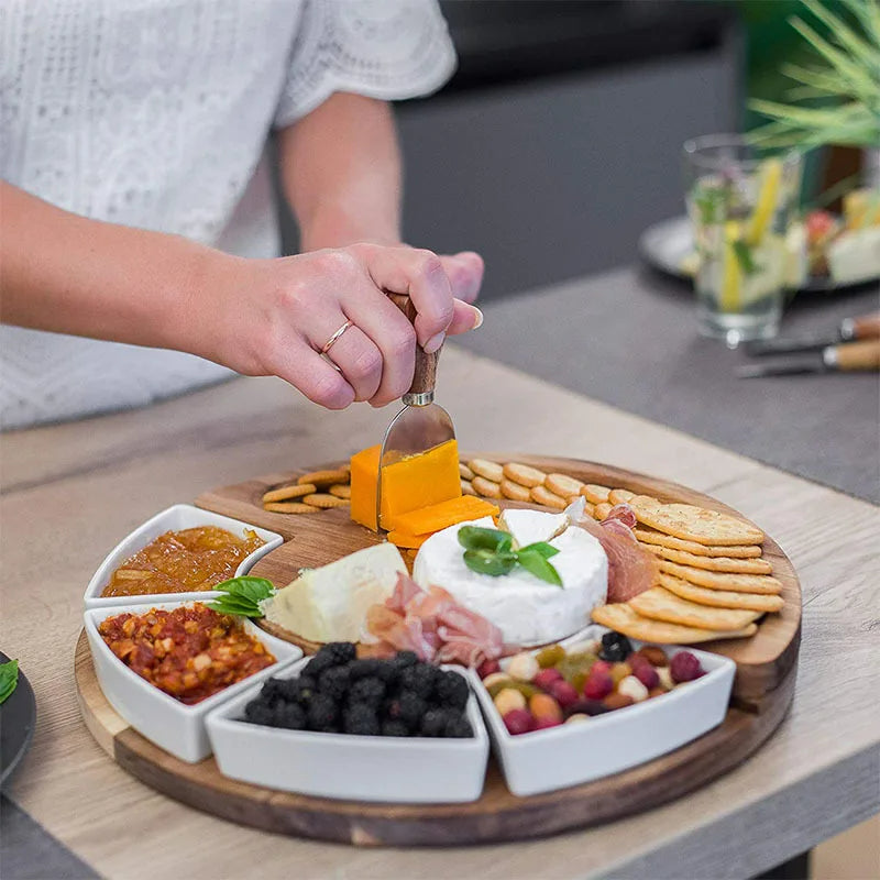 Round Wood Serving Tray with Bowls and Knives 13 Inch Appetizer Platter Set for Entertaining Charcuterie Display Board Natural Acacia Snack
