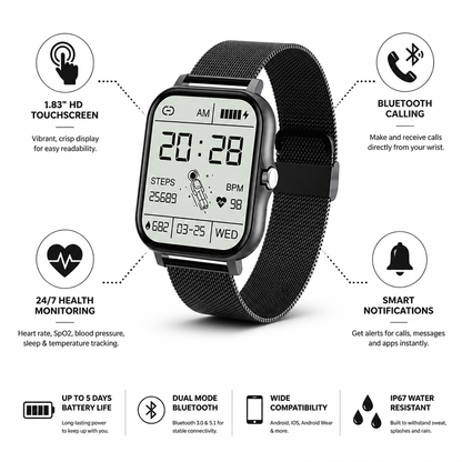 1.83" HD Touchscreen Bluetooth Calling & Health Tracking Smartwatch