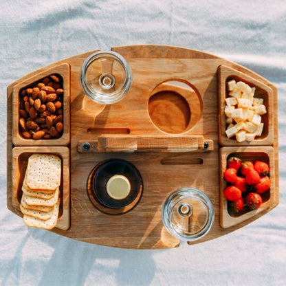 Portable Wine & Snack Tray with Carry Handle for Outdoor Picnics, Beach Days, Park Outings & Patio Gatherings | Solid Wood Serving Caddy