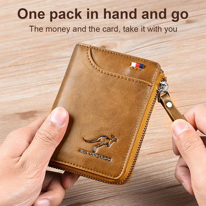 Zipper Bifold Wallet with RFID Protection 14 Card Slots Cash Pocket Vintage Leather for Men Daily Carry Travel Organization