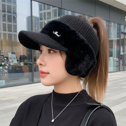 Knit Winter Baseball Cap with Ear Warmers & Ponytail Opening for Women – Insulated Fleece-Lined Sports Beanie Hat