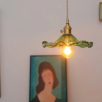 Glass Ceiling Light with Sculptural Ripple Edge – 9 in Hanging Fixture with Metal Hardware for Kitchen, Dining Area, or Bedroom – Adjustable