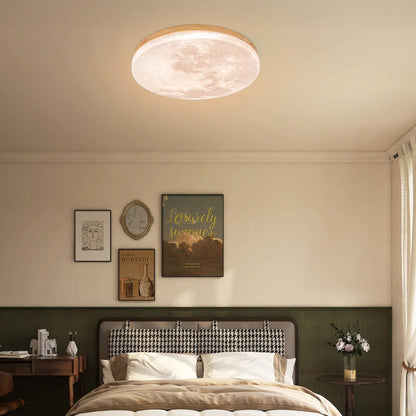 Round Flush Mount LED Fixture Moon Surface Wood & Acrylic 19 in Diameter Low Profile for Bedroom Living Room Hallway Ambient Lighting Japand