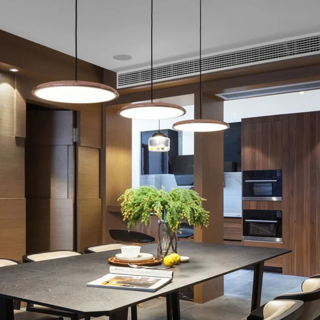 Lámpara colgante LED redonda de metal y acrílico – Luz colgante azul de 16 pulgadas para comedor, isla de cocina, dormitorio – Diseño minimalista moderno