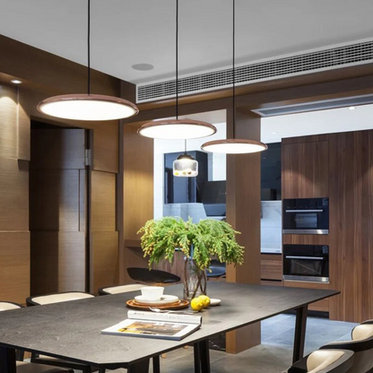 Lámpara colgante LED redonda de metal y acrílico – Luz colgante azul de 16 pulgadas para comedor, isla de cocina, dormitorio – Diseño minimalista moderno