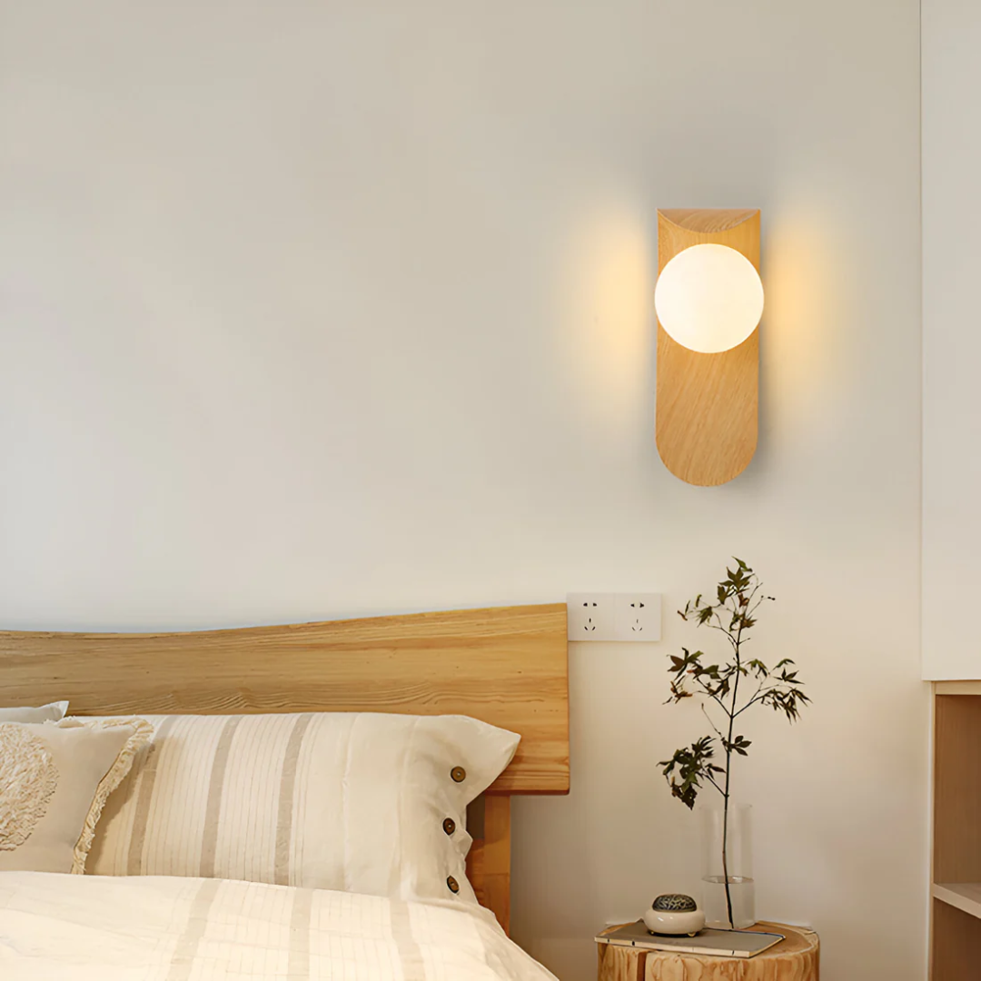 Globe Wall Sconce with Natural Wood Bracket LED Ambient Light Fixture 10 in Height Frosted Shade for Bedrooms Hallways Reading Nooks Modern
