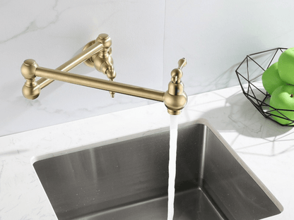 Wall-Mount Dual-Handle Kitchen Faucet for Pots – Brass Construction with Hot & Cold Lines – Chrome, Brushed Nickel, Black & Antique Brass Fi