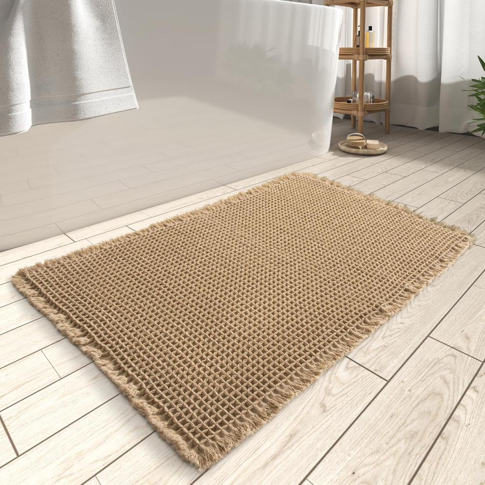 Alfombra de baño de tejido tipo waffle, de secado rápido, antideslizante, color beige, para hogares modernos, felpa cómoda