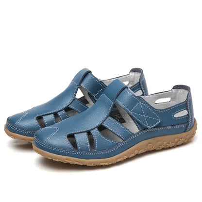 Women's Leather Sandals with Hook-and-Loop Straps & Cushioned Footbed | Summer Walking Shoes with Adjustable Fit