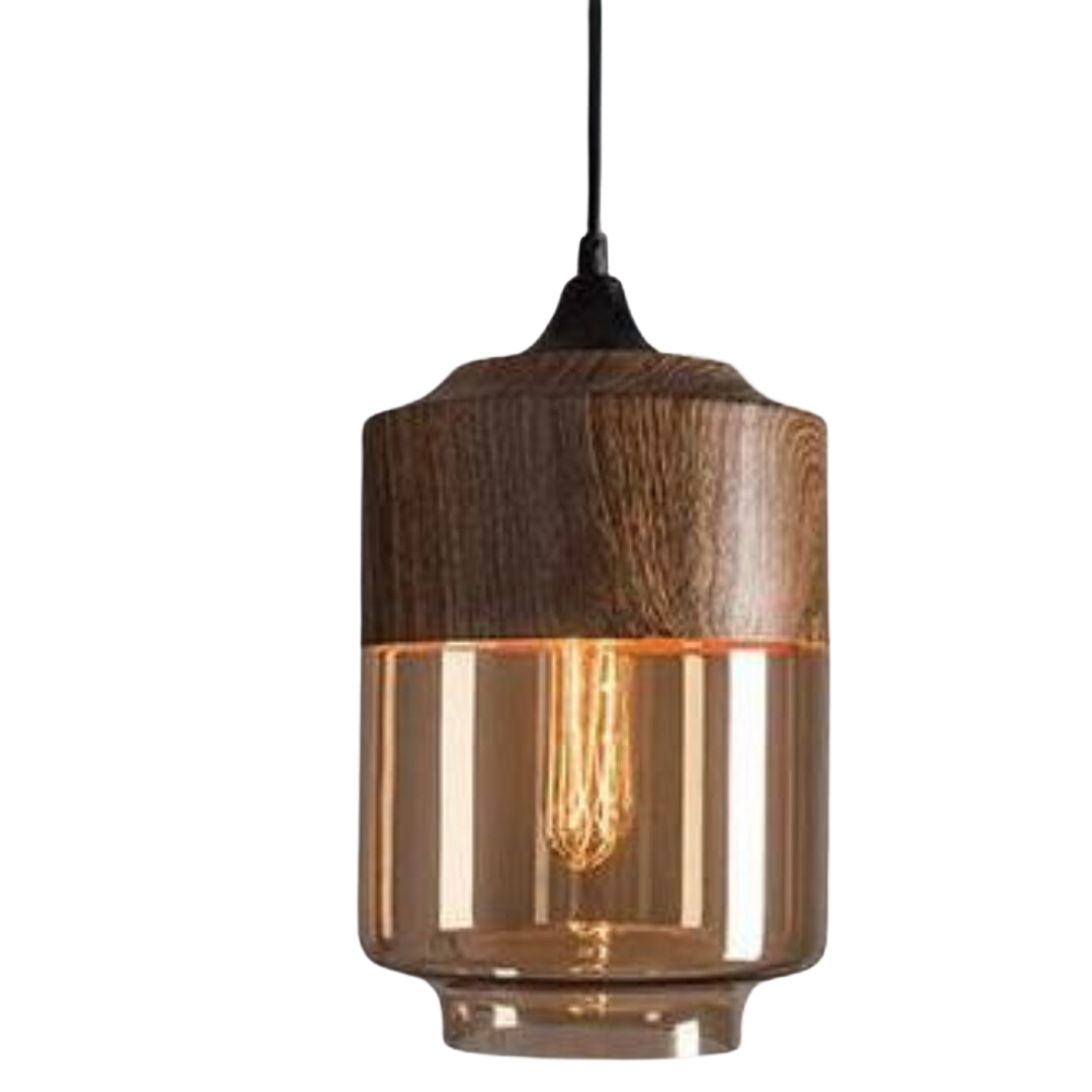 Glass Pendant Light with Wood-Look Metal – Scandinavian Hanging Fixture for Dining Room, Bedroom & Living Room