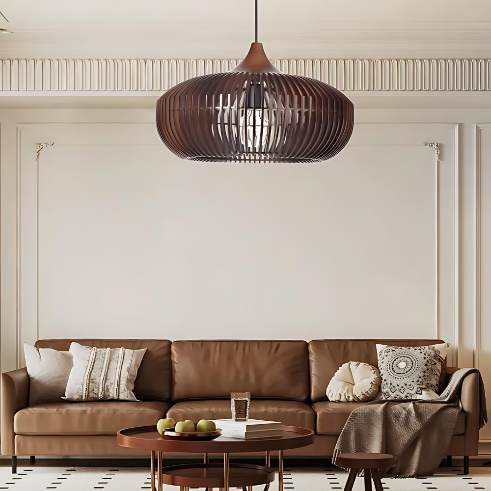 Lámpara de techo redonda de listones de madera natural de 17 pulgadas estilo Japandi, luz colgante ambiental para mesa de comedor, isla de cocina o sala de estar