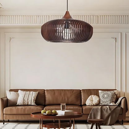 Lámpara de techo redonda de listones de madera natural de 17 pulgadas estilo Japandi, luz colgante ambiental para mesa de comedor, isla de cocina o sala de estar
