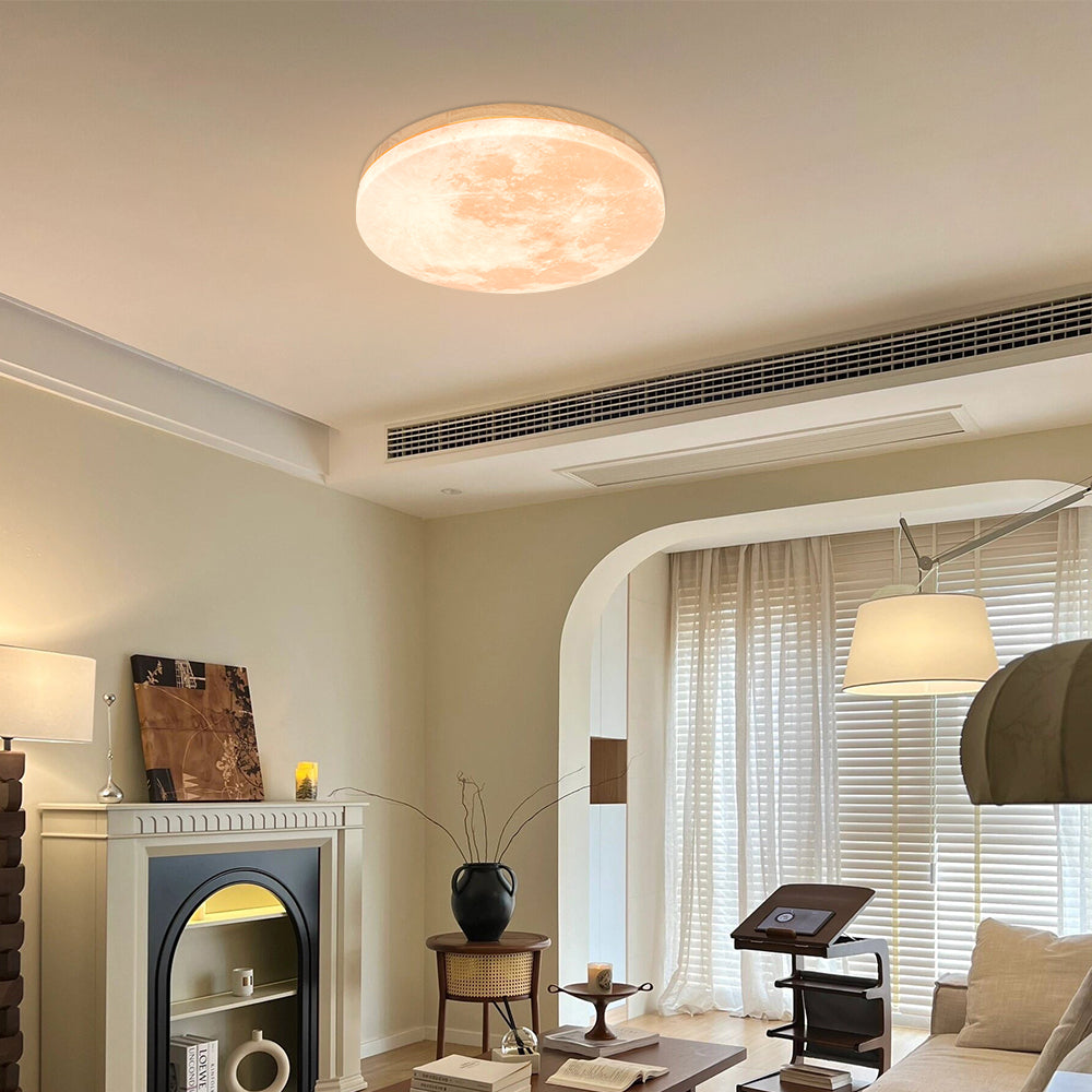Round Flush Mount LED Ceiling Light with Lunar Surface Design Wood & Acrylic 19 in Diameter for Bedrooms Living Rooms Hallways Modern Ambien