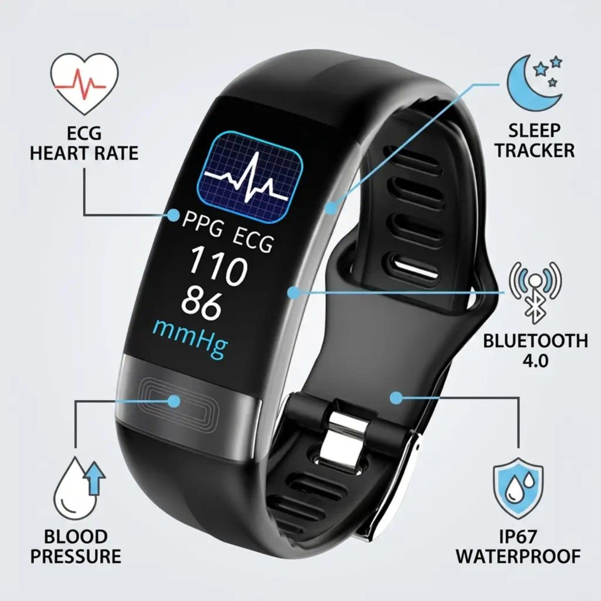Pulsera de actividad con monitor de frecuencia cardíaca, oxígeno en sangre y ECG, reloj inteligente de silicona para fitness compatible con iOS y Android, monitor de sueño y actividad para mujeres y hombres