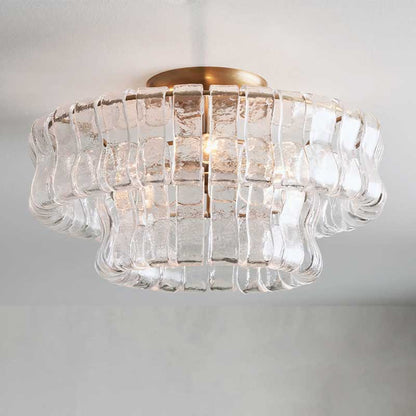 Textured Glass Flush Mount Ceiling Light 18-Inch Brass Finish 3-Light Modern Fixture for Living Room Bedroom Dining Room Entryway