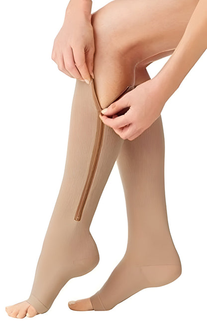 Open-Toe Knee-High Medical Compression Socks with Side Zipper for Women and Men 20-30 mmHg Firm Support Circulation Stockings for Standing A