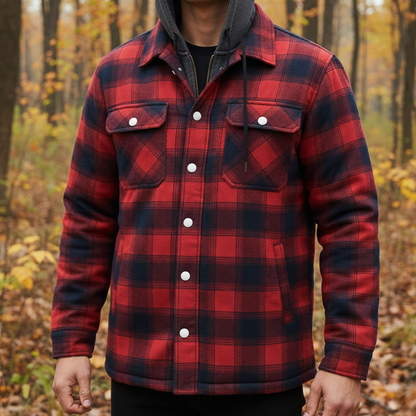 Quilted Plaid Flannel Shirt Jacket with Removable Hood for Men – Warm Cotton Blend Overshirt for Fall Winter