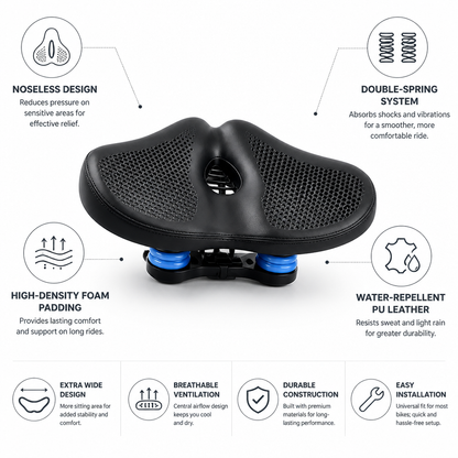Noseless Extra-Wide Double-Spring Bike Saddle