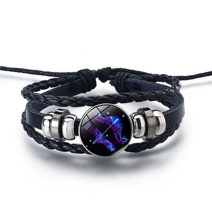 Adjustable Leather Zodiac Bracelet with Blue Stone Charm for Men & Women | Classic Wrist Cuff with Astrology Symbol | Handcrafted Steel &