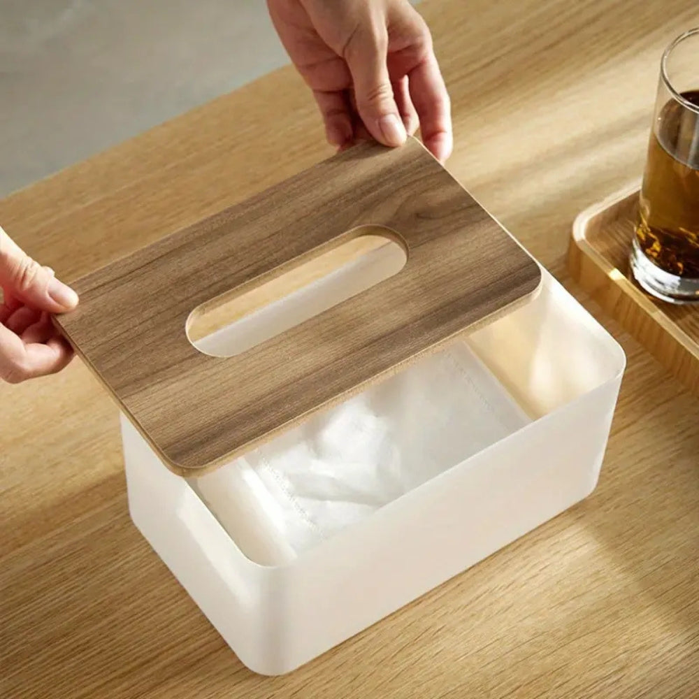 Funda para caja de pañuelos Cleo - Tapa de bambú, diseño minimalista