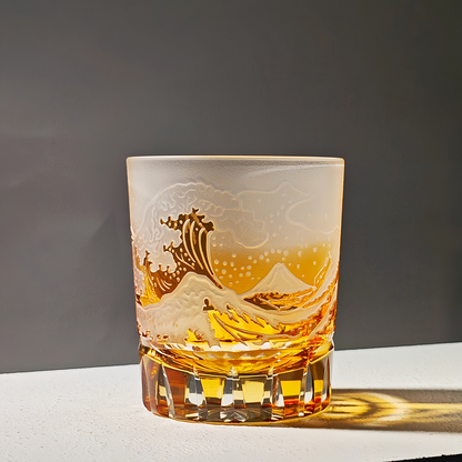 Japanese Wave Crystal Whisky Glass with Mt. Fuji Engraving in Golden or Blue Finish, Handcut Tumbler in Wooden Gift Box for Spirits and Bour
