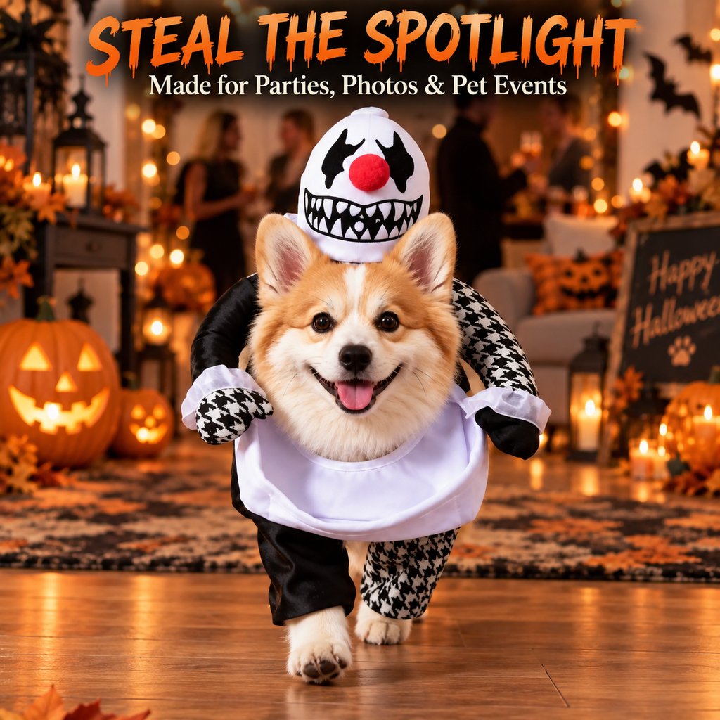 Disfraz de perro de payaso espeluznante Ortekor con brazos falsos: atuendo de Halloween para pedir dulces con un estilo 3D único al caminar