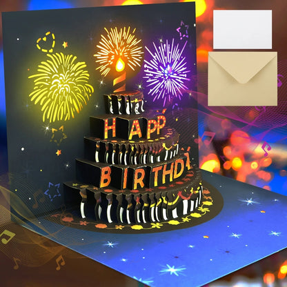 Interactive Musical Birthday Greeting Card with LED Lights & 3D Cake Pop-Up, Sound Effects & Envelope