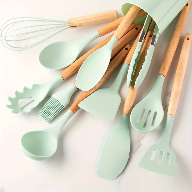 12-Piece Silicone Cooking Utensil Set with Wood Handles Heat Resistant Kitchen Tools for Nonstick Cookware Home Chef Spatula Spoon Whisk