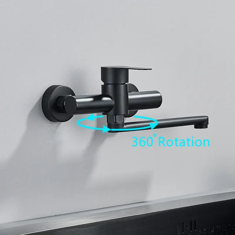 Wall-Mount Dual-Handle Mixer Tap with Rotating Spout for Kitchen Sink Bathroom Utility Room Laundry Modern Two-Lever Fixture Chrome
