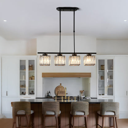 Hanging Fixture with Clear Glass Globes – 3 or 4 Bulb Multi-Head Suspension – Height Adjustable 14-28 in – Black or Gold Metal Frame for Kit