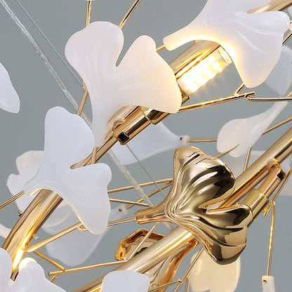 Ceramic Leaf Cluster Pendant Light with Adjustable Cord – Gold Metal Frame Multi-Bulb Chandelier for Dining Room, Living Room & Bedroom