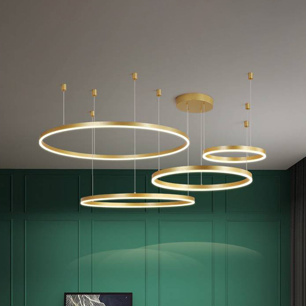 Multi-Ring LED Chandelier Adjustable Height Metal Acrylic Fixture 16-31 Inch Diameter Dimmable Suspended Ceiling Light for Dining Room Kitch