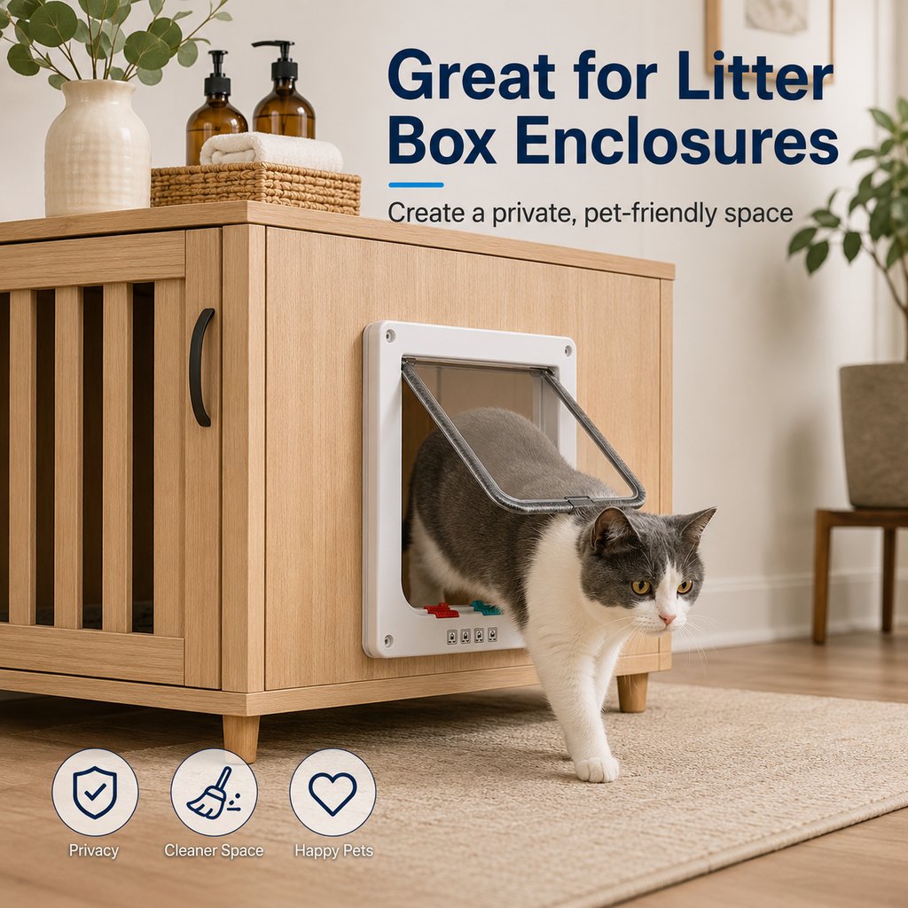 Ortekor 4-Way Locking Cat Door for Interior Doors & Litter Box Cabinets - Let Cats Come and Go Without Scratching
