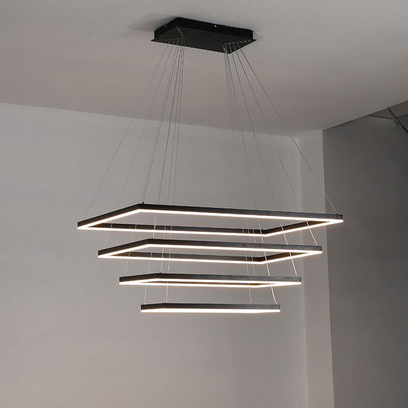 Multi-Tier Linear Suspension Fixture with Integrated LED, Adjustable Cable, Matte Black Metal Frame for Dining & Living Spaces