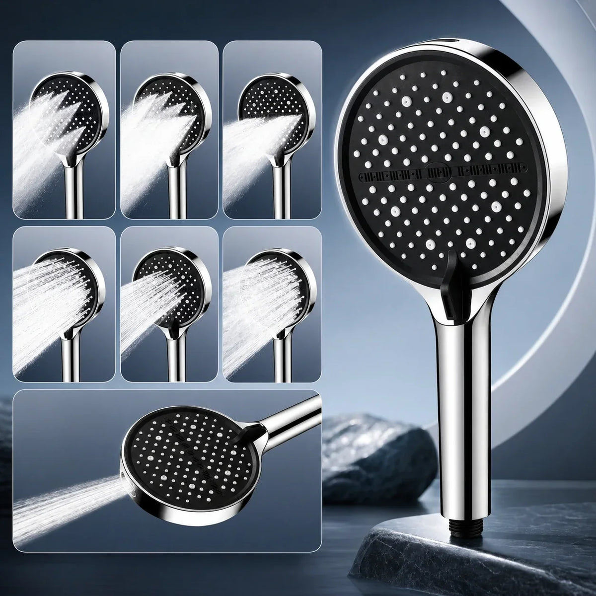 Handheld Shower Head with 7 Spray Settings, High Pressure Chrome Rainfall Showerhead for Bathroom, Adjustable Water Flow Wand for Low